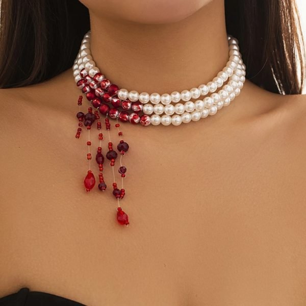 Multilayer Vintage Red Blood Pattern Imitation Pearl Tassel Pendant Necklace