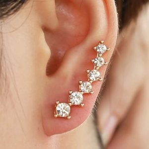 Gold Color Black White Gem 6 Rhinestone Ear Clip Earrings Women’s Simple Fashion