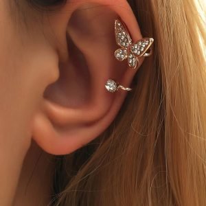 1 Piece Romantic Style Golden Butterfly Rhinestone Ear Clip Earrings Women Girl