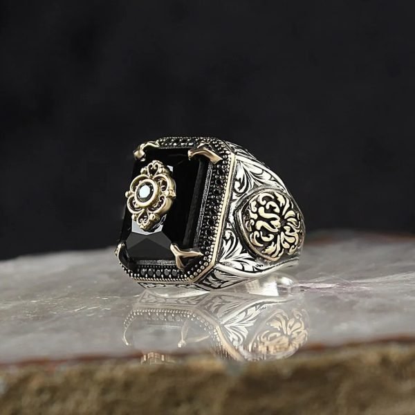 Retro Handmade Turkish Signet Ring for Men Vintage Silver Color Carving Pattern
