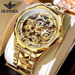OUPINKE Gold Watches Men Skeleton Automatic Mechanical Wristwatch Luxury