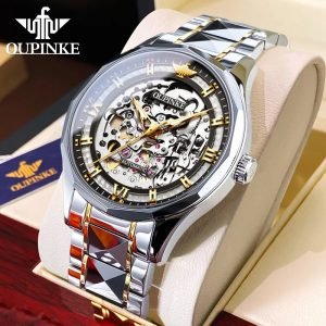 OUPINKE Skeleton Automatic Mechanical Watch for Men Tungsten Steel Waterproof