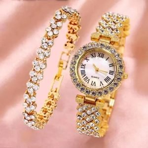 Set Rose Gold Luxury Watch Women Ring Necklace Earring Rhinestone Fashion
