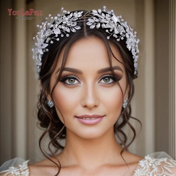 YouLaPan Crystal Bridal Headpiece Alloy Leaf Headband for Brides Wedding Hair