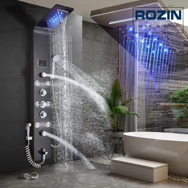 LED Light Shower Faucet Bathroom Waterfall Rain Black Shower Panel In Wall Shower System