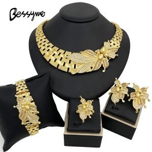 Italian 18K Gold Plated Jewelry Set Square Women Leaf Necklace Earrings