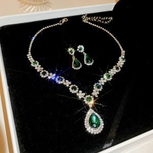 Green Stone Crystal Necklace Earrings Jewelry Set for Women Water Drop