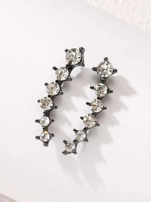 Gold Color Black White Gem 6 Rhinestone Ear Clip Earrings Women’s Simple Fashion
