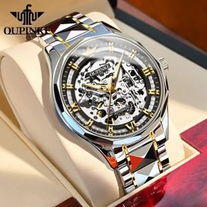 OUPINKE Skeleton Automatic Mechanical Watch for Men Tungsten Steel Waterproof