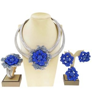 Stylish Brazilian Gold Plated Jewelry Women Jewelry Set Blue Rose Luxury Wedding