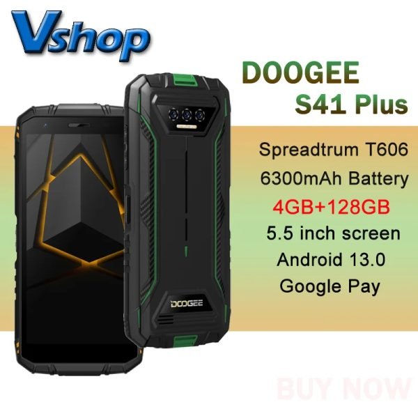 DOOGEE S41 Plus Rugged Phone 4GB+128GB 5.5" IPS HD 13MP AI Triple Camera 6300mAh