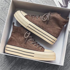 Vintage Brown Couples Casual Sneakers Comfort Suede Thick Sole Men’s Shoes Trend Lace-up High Top Shoes Mens Vulcanized Sneakers