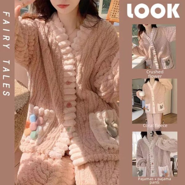 New 2023 Coral Fleece Pajamas Women's Winter Thickened Flannel Lined Cartoon Suit Home Clothes Autumn/winter