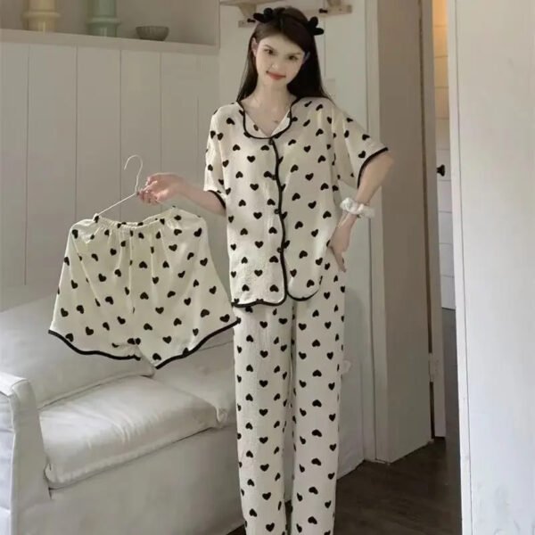 2024 Summer New Women's Pajama Set Milk Silk Three-piece Short Sleeved Trousers Cute Loose-fit Home Clothing V-neck