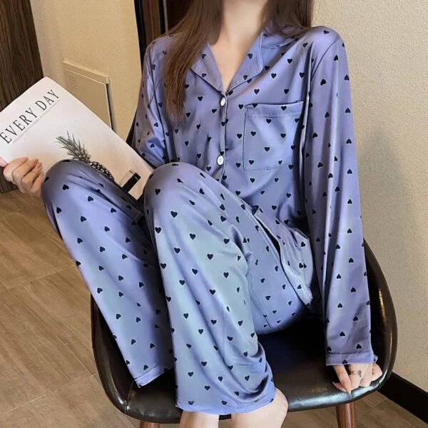 Blue Heart-Shaped Long Sleeve Cotton Summer Pajamas Korean Style Home Clothes For Women High Quality Sleepwear Wholesale