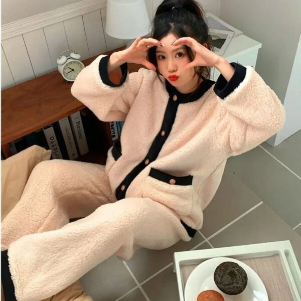 Autumn Winter New Women's Flannel Pyjamas Set Thickened Long Sleeve Loose Fit Tweed Style Home Clothes Lazy Suit