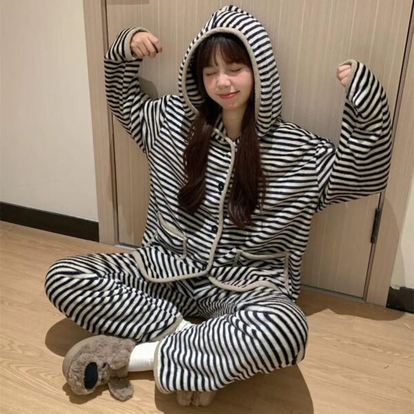 Winter Striped Hooded Coral Velvet Pajamas Women's Style Fleece-Lined Thickened Flannel Cotton Home Comfort Plus Size Pajama Set