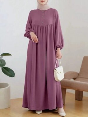 Women Muslim Maxi Dress Fashion Casual Long Sleeve Robe Round Neck Solid Color Casual Dress Robe Dubai Clothing