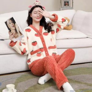 2Pcs/set women's coral velvet pajamas small fragrant wind autumn and winter padded and thickened warm peach-coloured student hom