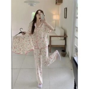 2024 Summer New Women's Pajama Set Milk Silk Three-piece Short Sleeved Trousers Cute Loose-fit Home Clothing V-neck