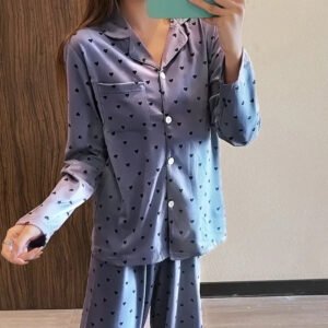 Blue Heart-Shaped Long Sleeve Cotton Summer Pajamas Korean Style Home Clothes For Women High Quality Sleepwear Wholesale