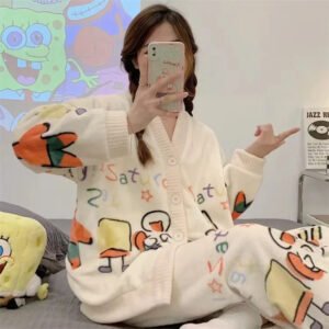 Customized Cartoon Flannel Pajama Suit Women's Autumn/Winter Thickened Princess Style Cardigan Outerwear Warm Sweet Homewear