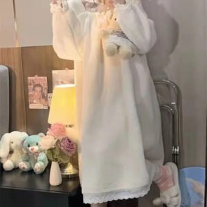 New Square Collar Women's Pajama Set Warm Flannel Autumn Winter Korean Lace Sleepwear White Home Clothes Suit