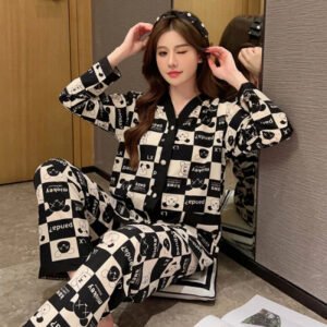 2024 Autumn New Ice Silk Women's Pajamas Two Pieces Sets Long Sleeve Pants Sleepwear Fashion Cute Letter Print Female Homewear
