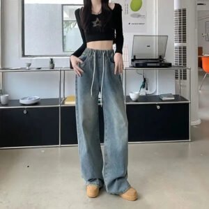 Spring Summer High-Waisted Wide-Leg Trousers Women's Slimming Versatile Korean Style Student Elastic Waist Drawstring Jeans Plus