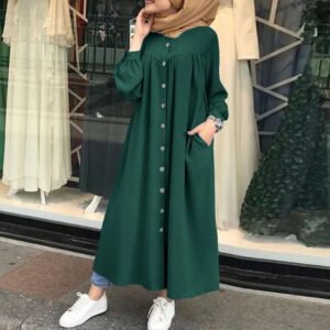Women's Muslim Abaya Robe Abaya Modest Long Sleeve Round Neck Single Breasted Dresses Kaftan Ramadan Casual Loose Long Dress