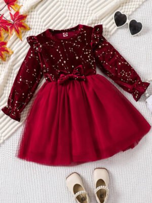 Toddler Girl Party Dress Autumn Winter 1-8 Years Children Christmas And New Year Princess Dress Red Velvet Gown Stars Mesh Dress