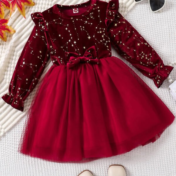 Toddler Girl Party Dress Autumn Winter 1-8 Years Children Christmas And New Year Princess Dress Red Velvet Gown Stars Mesh Dress