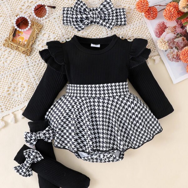 2PCS In Autumn, Baby Girls Aged 0-1 Years Old Have Comfortable Sweet And Cute Black Top + Houndstooth Skirt + Hair Band