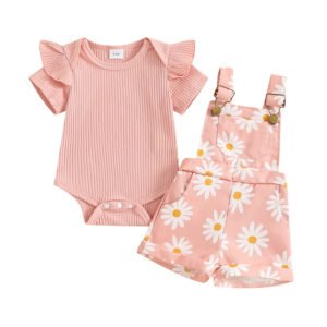 Baby Girls Shorts Set Short Sleeve Romper with Flower Print Suspender Shorts Summer Outfit