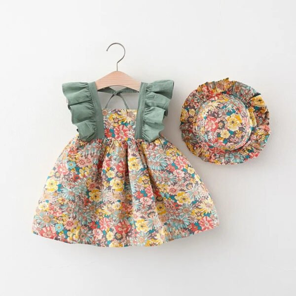 New Summer Girls Little Flying Sleeve Dress Small Floral Hollow Bow After Dew Baby Dress + Hat 0-3 Years Old Girls