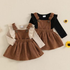 FOCUSNORM 0-18M Lovely Baby Girls Fall Clthes Sets 2pcs Ruffled Long Sleeve Solid Romper with Corduroy Suspender Dress