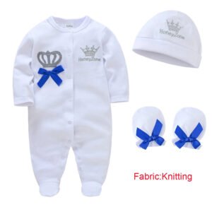 Honeyzone Baby Boy Girls Clothes Romper+Gloves+Hat 3 Pcs/lot Crown Design Cotton Bebe Clothing Long Sleeve Infant Jumpsuit
