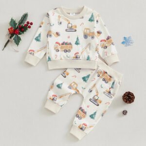 Toddler Boys Christmas Outfits Truck Print Long Sleeve Sweatshirts Long Pants 2Pcs Fall Clothes Set