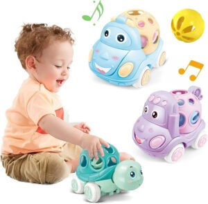 Baby Toy Car Rattle Roll Cars for Toddler 1-3 Press and Go Car Friction Powered Truck Soft Rattles for Babies Girl Birthday Gift