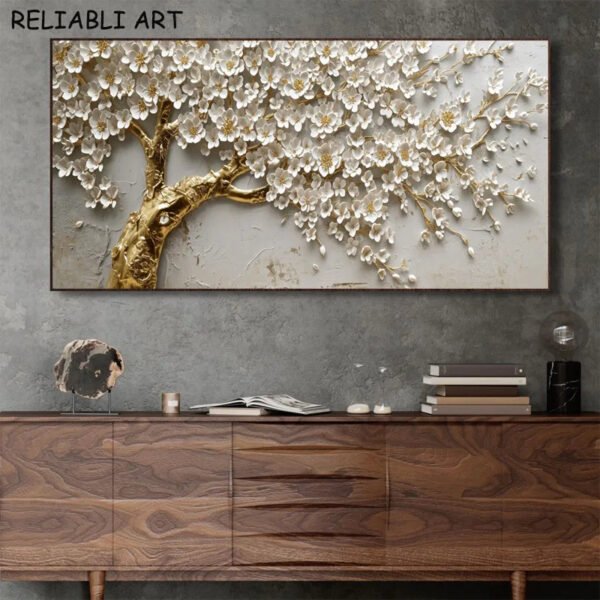 Golden White Flower Tree Poster and Prints Abstract Canvas Painting Wall Art Pictures for Living Room Home Decor No Frame