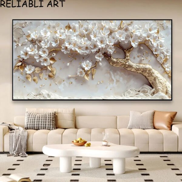 3D Golden White Flower Tree Poster and Prints Light Luxury Canvas Painting Wall Art Pictures for Living Room Home Decor No Frame