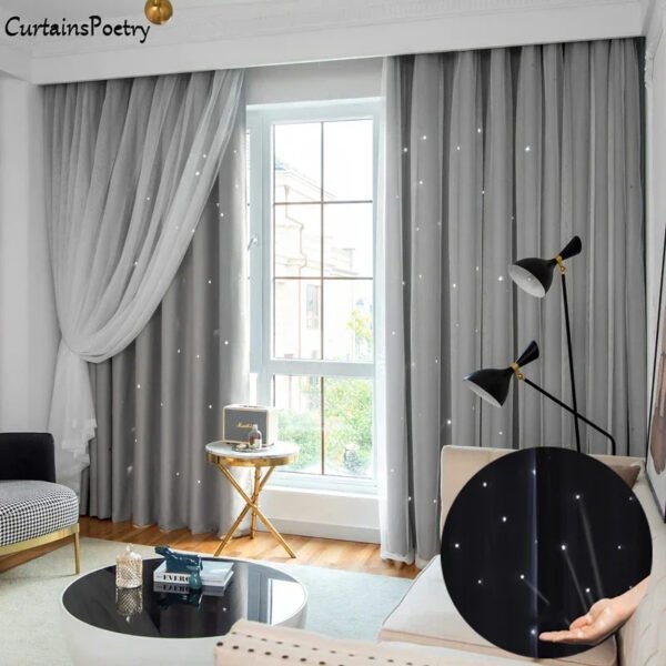 1Pc/2Pcs Blackout Curtains Romantic Hollow Star Curtain Double Layer with Lace Princess Girls Room Window Treatments for Bedroom