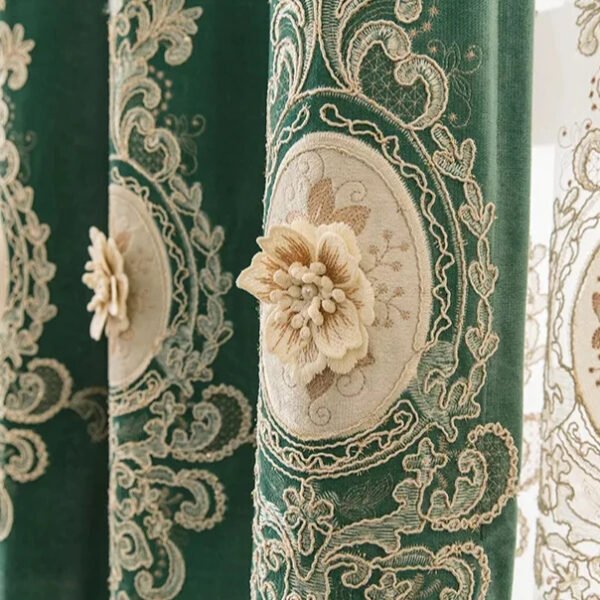 European-style Curtains for Living Dining Room Bedroom Luxury Green Embroidery Rope Embroidery Stacking Beads Embossed Flower