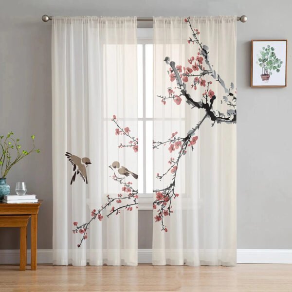 Plum Blossom Bird Chinese Style Tulle Sheer Curtains for Living Room Decoration Window Curtain for Bedroom Voile Organza Drapes