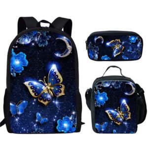 Hip Hop Youthful Beautyful Butterfly Animal 3D Print 3pcs/Set Student Travel bags Laptop Daypack Backpack Lunch Bag Pencil Case