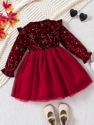 Toddler Girl Party Dress Autumn Winter 1-8 Years Children Christmas And New Year Princess Dress Red Velvet Gown Stars Mesh Dress