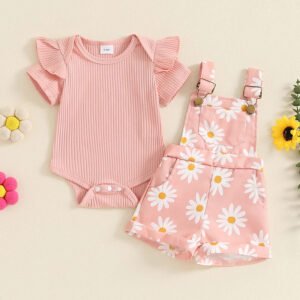 Baby Girls Shorts Set Short Sleeve Romper with Flower Print Suspender Shorts Summer Outfit