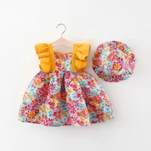 New Summer Girls Little Flying Sleeve Dress Small Floral Hollow Bow After Dew Baby Dress + Hat 0-3 Years Old Girls