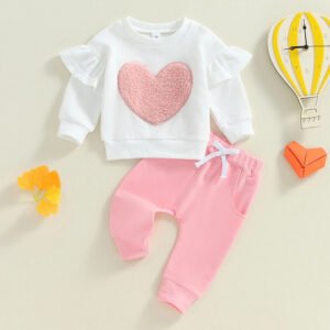Toddler Newborn Baby Girl Valentine's Day Waffle Clothes Set Long Sleeve Ruffle Heart Sweatshirt Jogger Pants Set 2Pcs Outfit