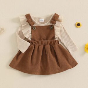 FOCUSNORM 0-18M Lovely Baby Girls Fall Clthes Sets 2pcs Ruffled Long Sleeve Solid Romper with Corduroy Suspender Dress